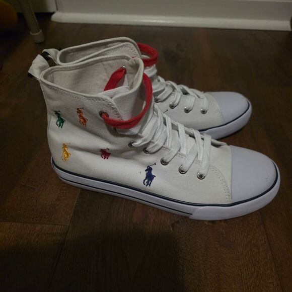NWT-Polo Ralph Lauren White High-Top Sneakers with Multicolor Embroidery - Picture 8 of 16